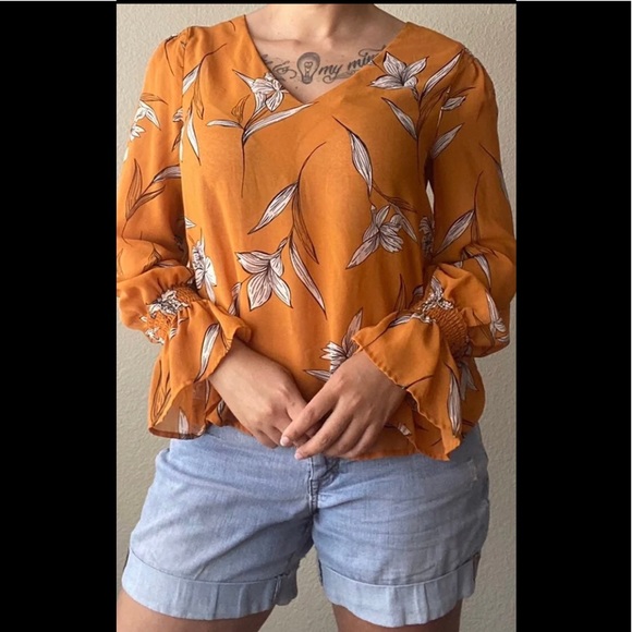 Women's Floral Print Long Bell Sleeve V-Neck Blouse - A New Day - Rust - Size XL - Picture 2 of 14
